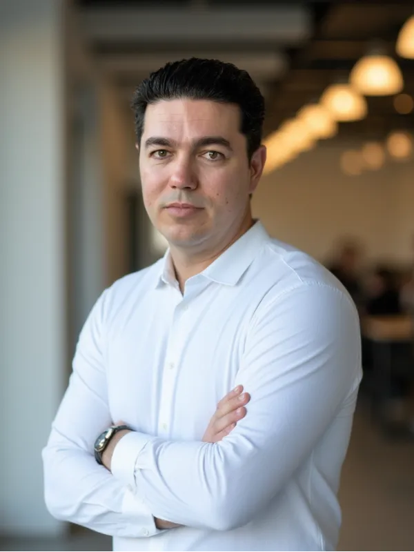 Mann in weißem Hemd mit verschränkten Armen